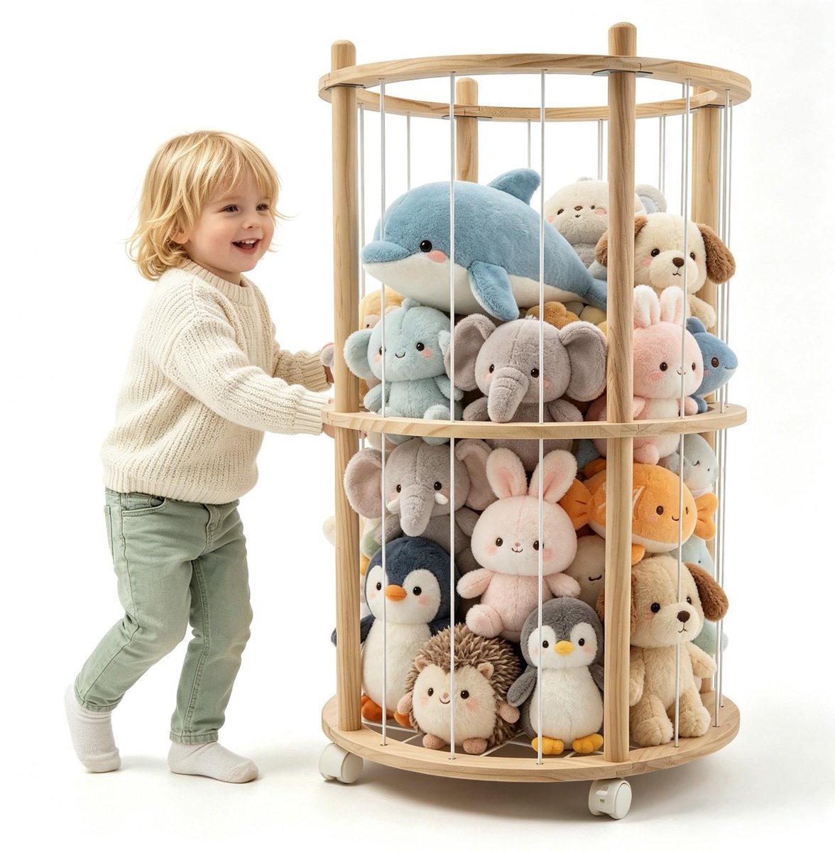 Omgoods - Houten Opbergtrommel voor Knuffels met 360° Rem en Wielen