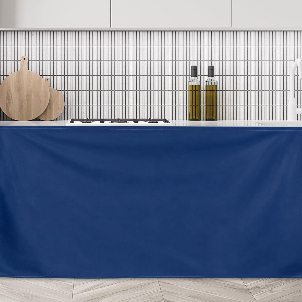 Kastgordijnen, kort, stofdicht en privacy, gordijn met haken en ringen voor onder het bureau, voor keuken, badkamer, kast, opslagruimte (130 cm x 70 cm, donkerblauw)