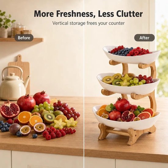 Omgoods - 3-laags Fruitstandaard met Houten Onderstel voor Snacks en Groenten — afbeelding 4