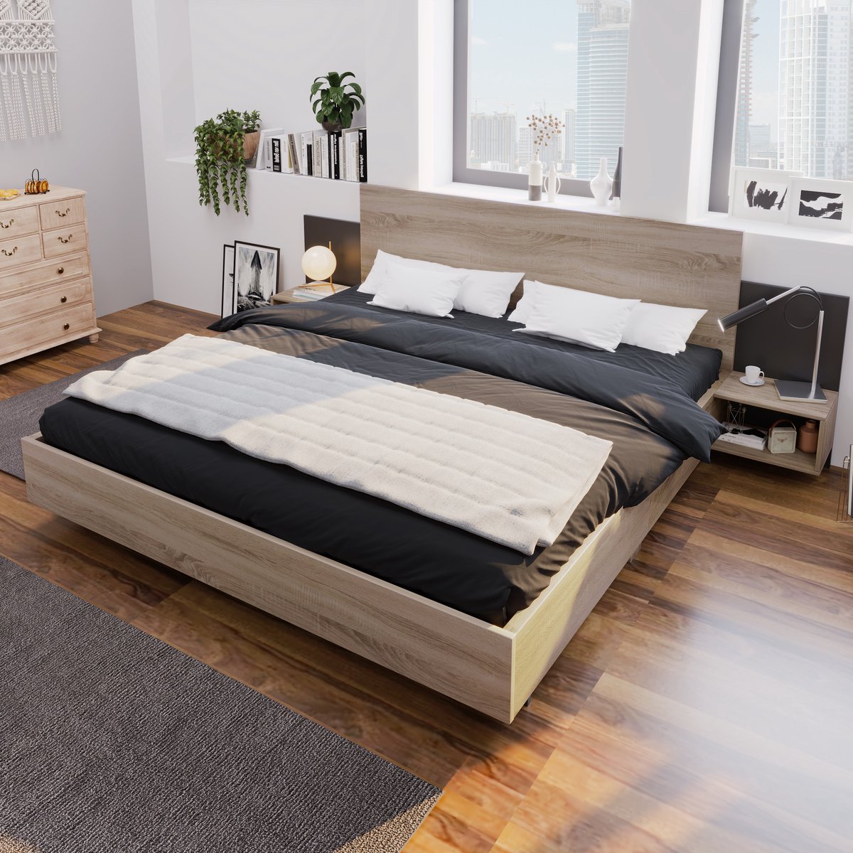 Houten tweepersoonsbed met 2 nachtkastjes - Complete slaapkamer set - 160x200 cm - Eiken Sonoma en Donkergrijs - Zwevende nachtkastjes - FSC-gecertificeerd - Draagkracht 400 kg