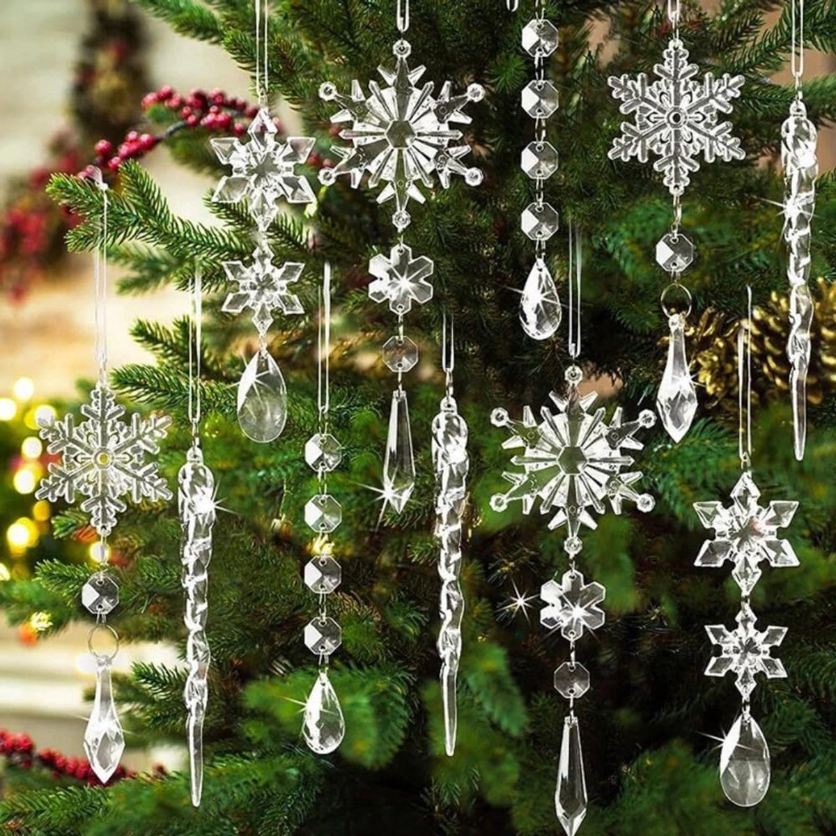 15 Christmas tree decorations, snowflake pendants and acrylic ice spikes, crystal Christmas tree jewellery, perfect - ShopVlot