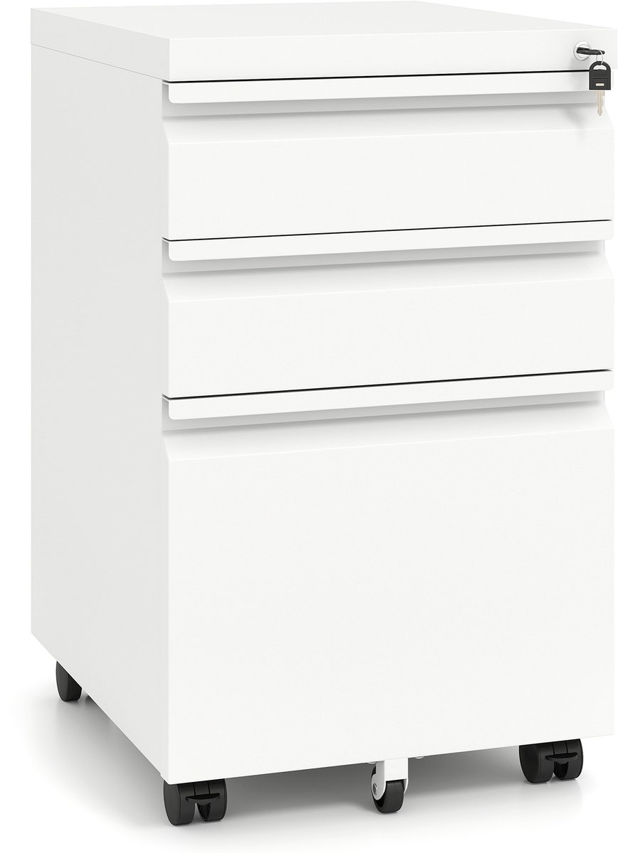 COSTWAY Metalen rolcontainer, afsluitbaar, archiefkast met 3 laden, pennenplank en hangrek voor documenten, kantoorcontainer onder het bureau, metalen kast met 5 wielen (wit)