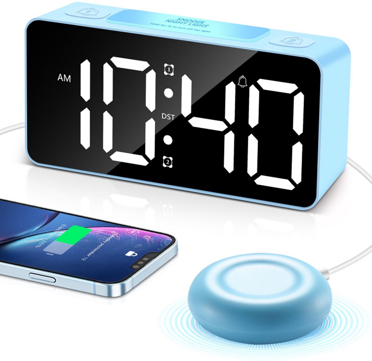 Bobypet - Luid Alarm Wekker voor Diepe Slapers - Digitale Klok met 7-Kleurig Nachtlampje - RGB Bureauklok met USB Oplaadpoort - Verstelbaar Volume tot 105 dB - Slaapkamer Klok voor Kinderen, Tieners en Volwassenen - blauw