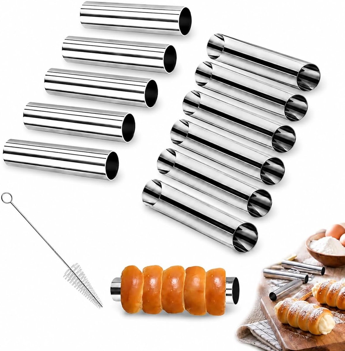 Cannoli bakvorm set 12-delig - RVS rolmallen met reinigingsborstel - Ideaal voor bakken en frituren - ShopVlot