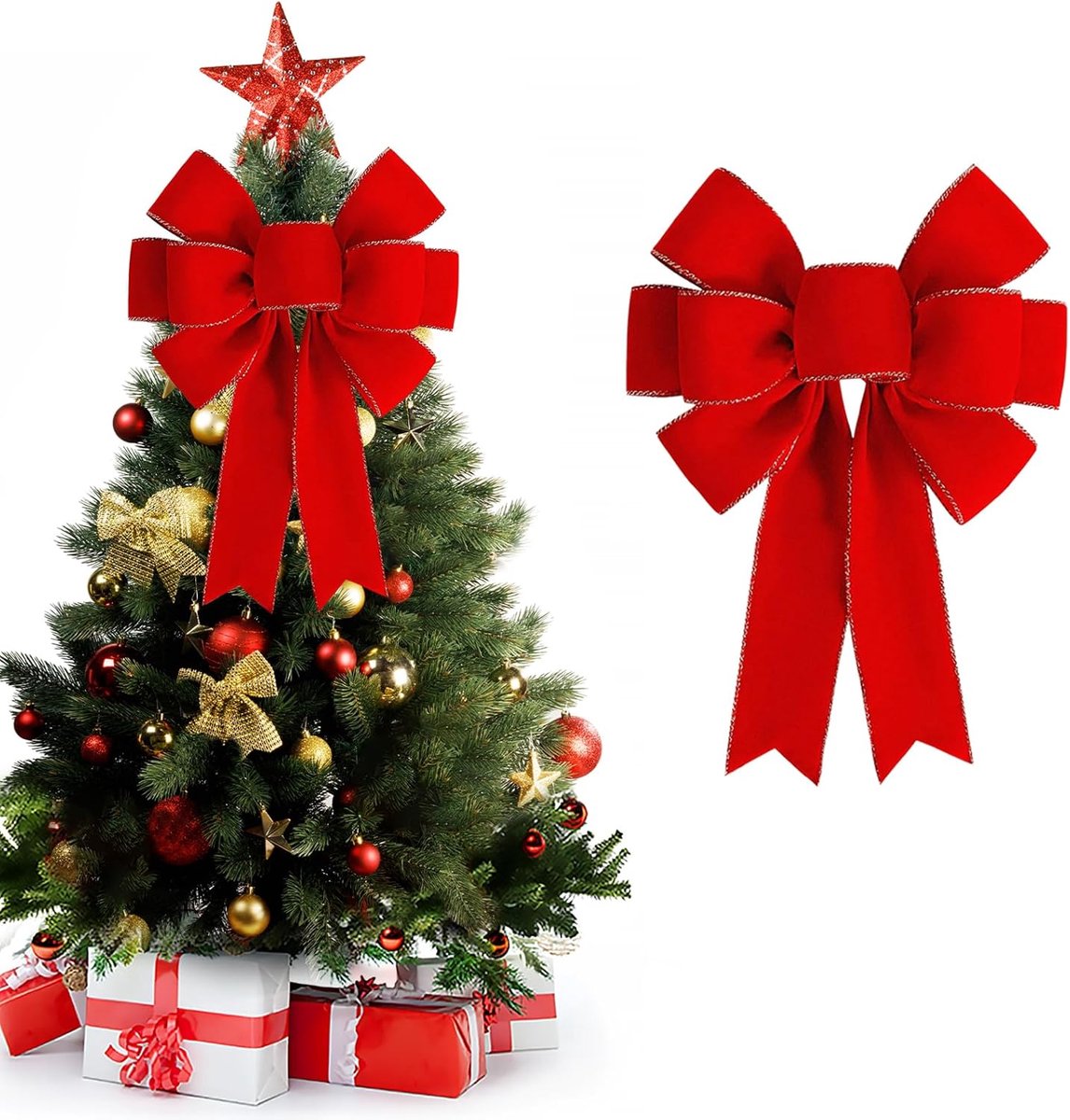 SnelShoppen - Kerststrikken, 1 stuk rode strik, kerstdecoratie, grote kerststrik voor kerstboom, deurdecoratie, luxe fluweel, 35.5 x 30.5 cm