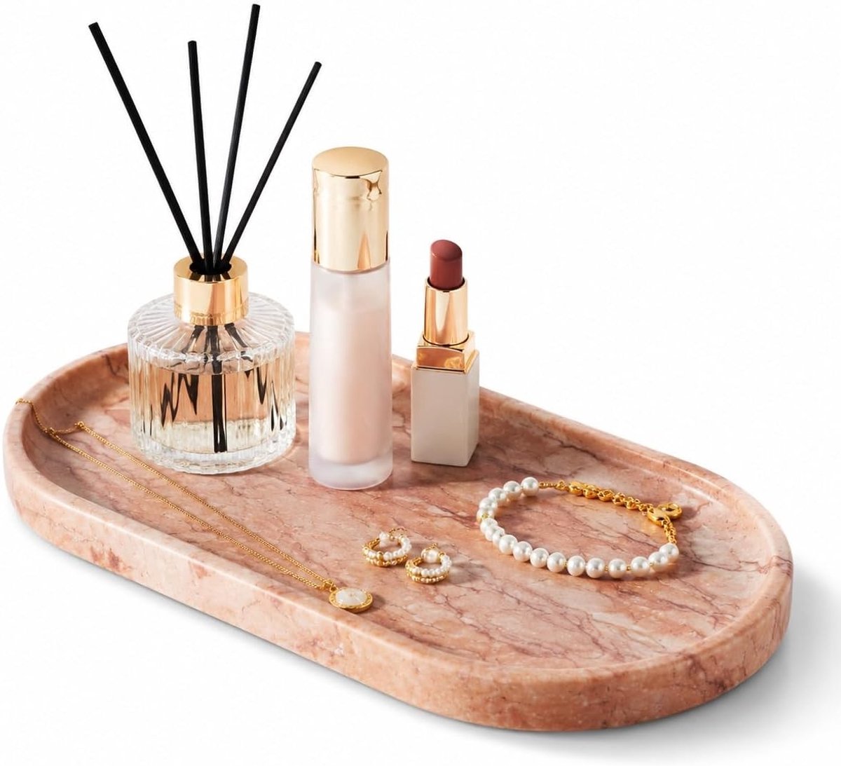 Elegante Ovale Marmeren Cosmetische Opbergdoos voor Sieraden en Parfum in de Woonkamer, Natuurlijke Steen en Decoratieve Plank