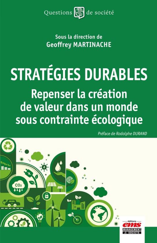 Livre "Stratégies Durables". Couverture verte avec le texte "Questions de société" et des icônes de durabilité.