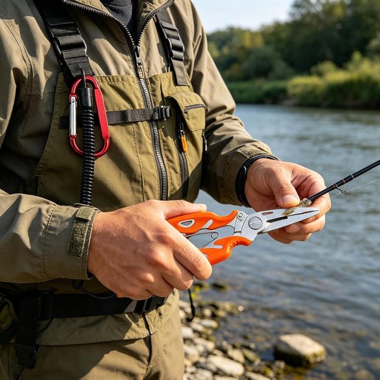 Roestvrijstalen punttang met Teflon haakverwijderaar, draagband en vergrendelbare functie voor vissers, ideaal hengelaccessoire en multitool voor zoutwater en zoetwater vissen — afbeelding 4