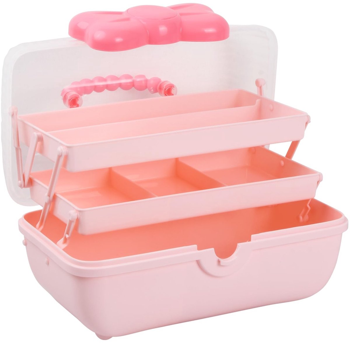 Omgoods- Opbergdoos 3-laags - Multifunctionele Organizer - 6 Vakjes - Kunststof - Roze - Handvat voor Kinderen - Sieradendoos