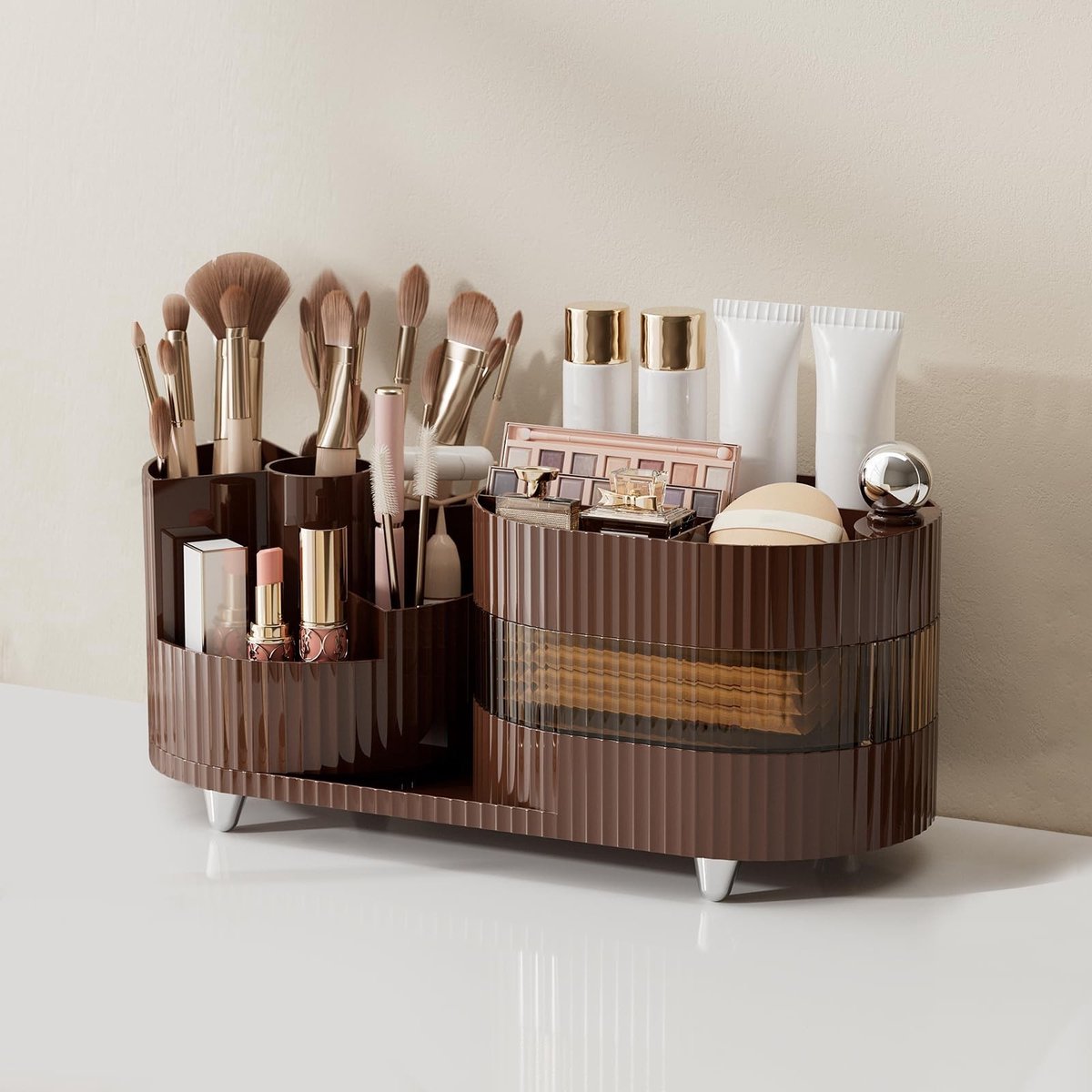 Omgoods - Rotating Makeup Organizer met Meerdere Compartimenten - Bruin