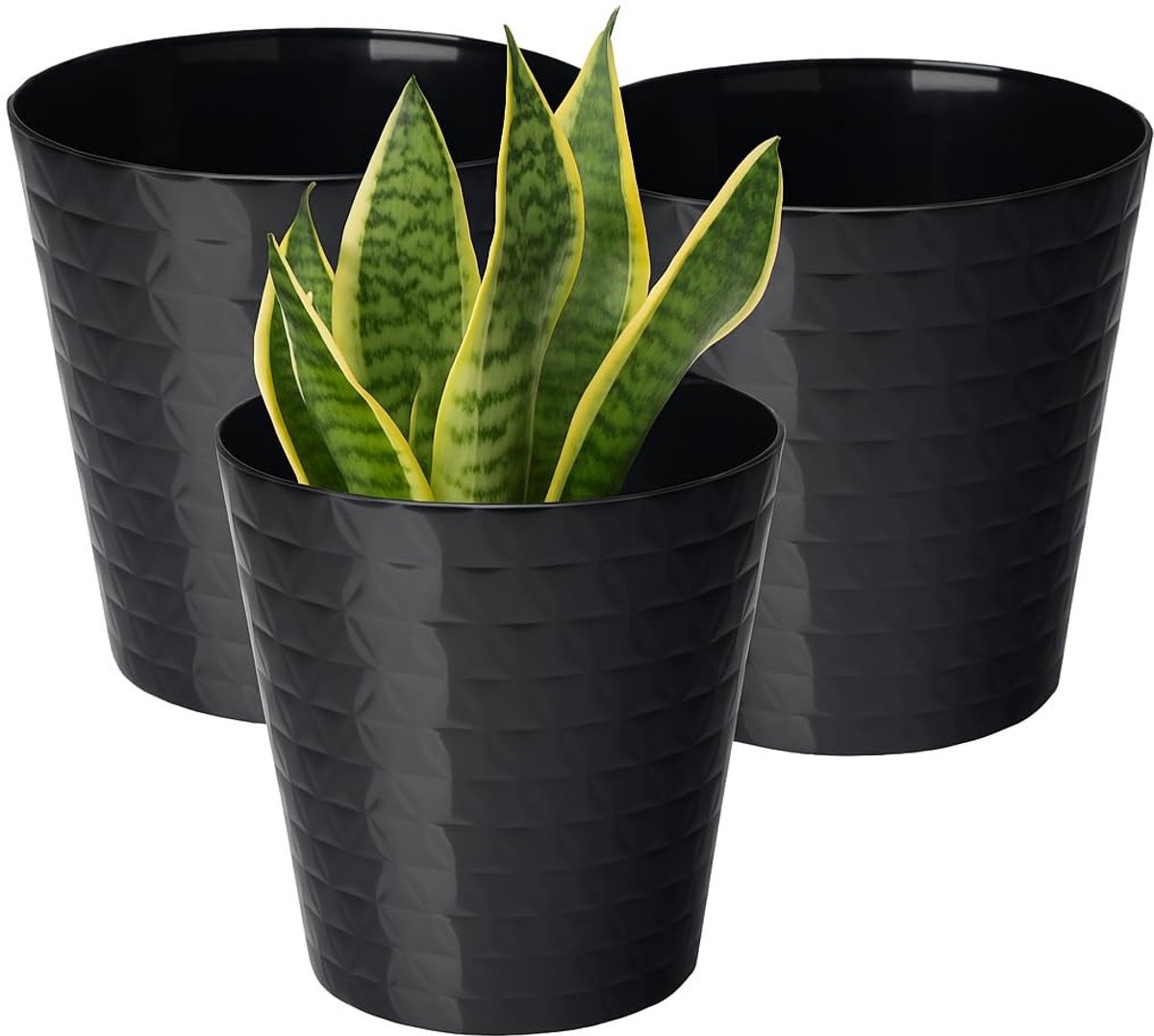 Omgoods - Set van 3 Zwarte Plastic Plant Potten met Parelsurfacel