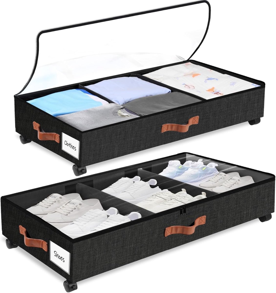 SnelShoppen - Onderbed Opbergdoos met Wielen Zwart 38L Grote Onderbed Kist voor Kleding, Schoenen, Dekens, Beddengoed