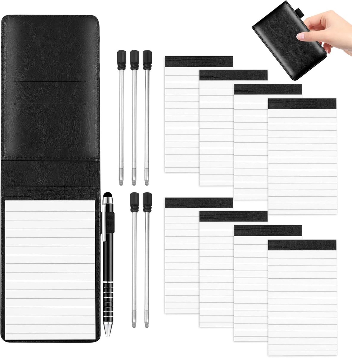 SnelShoppen - Notepad Small Mini Notepad A7 Set van 15 Stuks, Mini Notebook met 8 Vervangblokken, PU Leer Pocket Notitieboek met Metalen Pen, 5 Vervan