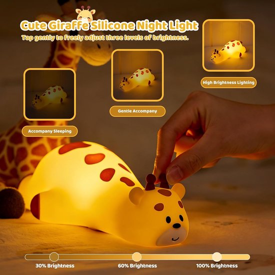 Nachtlampje voor kinderen - Siliconen giraffe nachtlampje - 3 instelbare helderheidsniveaus - Touchbediening - 7 kleuren - Timerfunctie - Oplaadbaar, geschikt voor baby's en peuters - Decoratief lampje - Cadeau voor de slaapkamer — afbeelding 2
