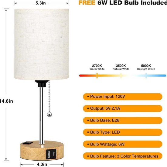 Tafellamp/nachtlampje/leeslamp/met USB-oplaadpoort/stopcontact/ritsschakelaar/eenvoudige moderne stijl/stoffen lampenkap/geschikt voor woonkamer, slaapkamer en kantoor (inclusief lamp) — afbeelding 2