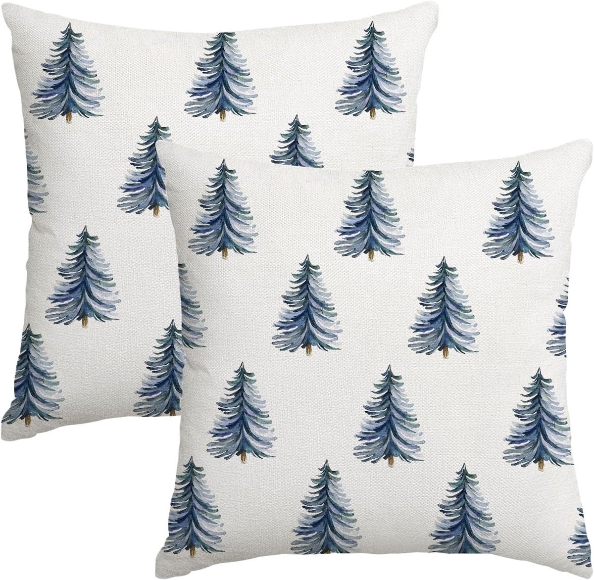 SnelShoppen - Set van 2 Decoratieve Kerst Kussenhoezen 50 x 50 cm met Kerstboom Patroon in Blauw voor Winterse Feestdecoratie in Woonkamer en op Bank