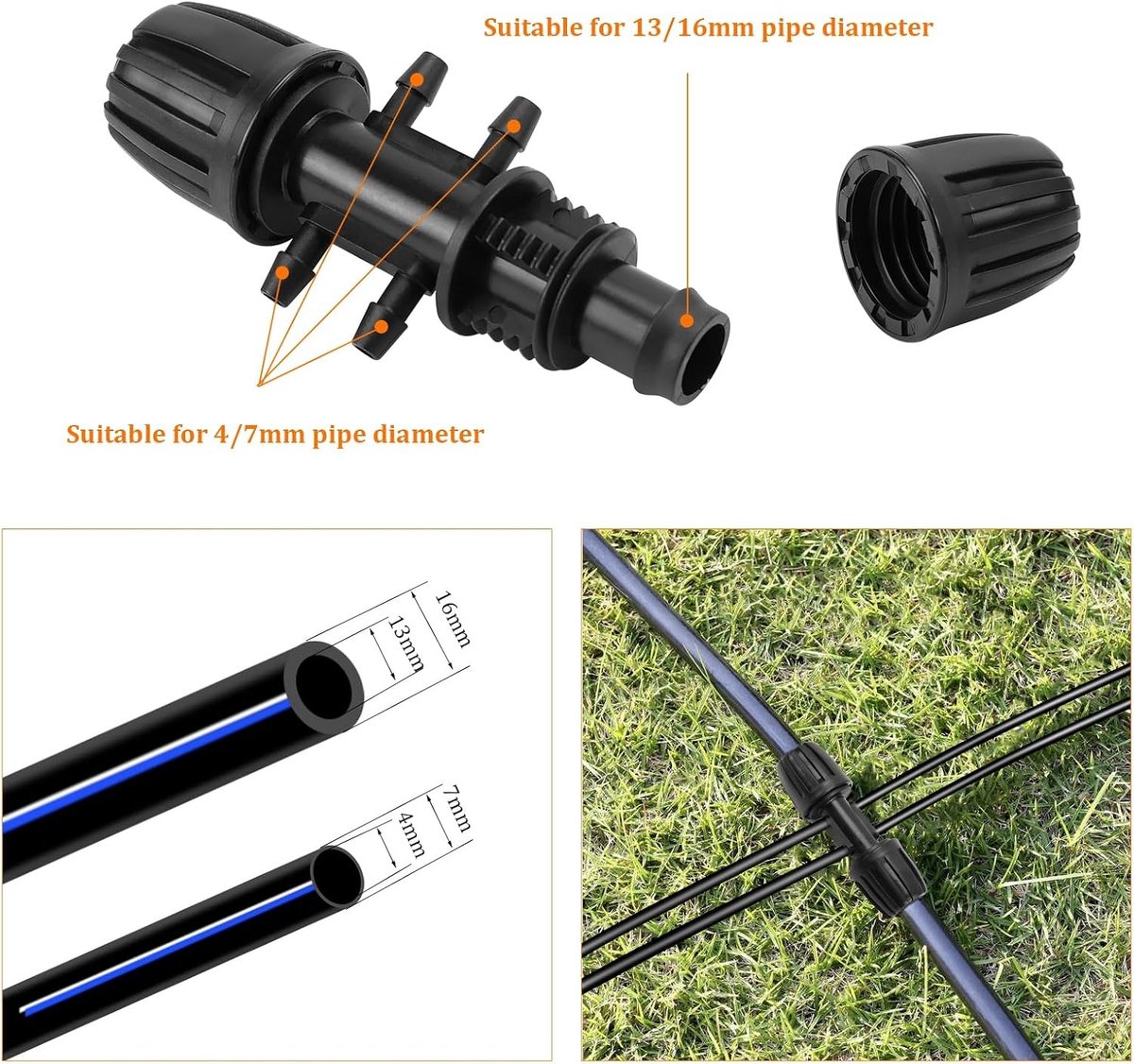 8-delige Micro Drip Irrigatieset voor Tuin, Barbecue en Waterafvoer - 6-Weg Aansluiting voor 13/16mm en 4/7mm Slangen