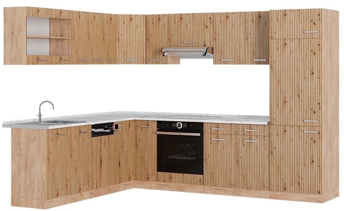 Vicco Hoekkeuken R-Line, Artisanaal eiken/Goudkleurig Eiken, 287 x 227 cm, WB Marmer