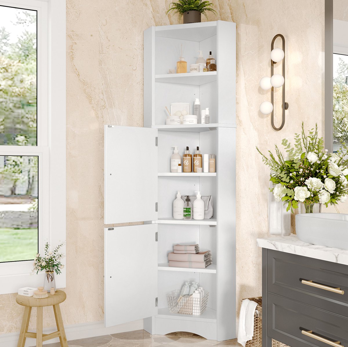 COVREO Hoekkast 51,7x32x155,4 cm wit, MDF met verstelbare planken