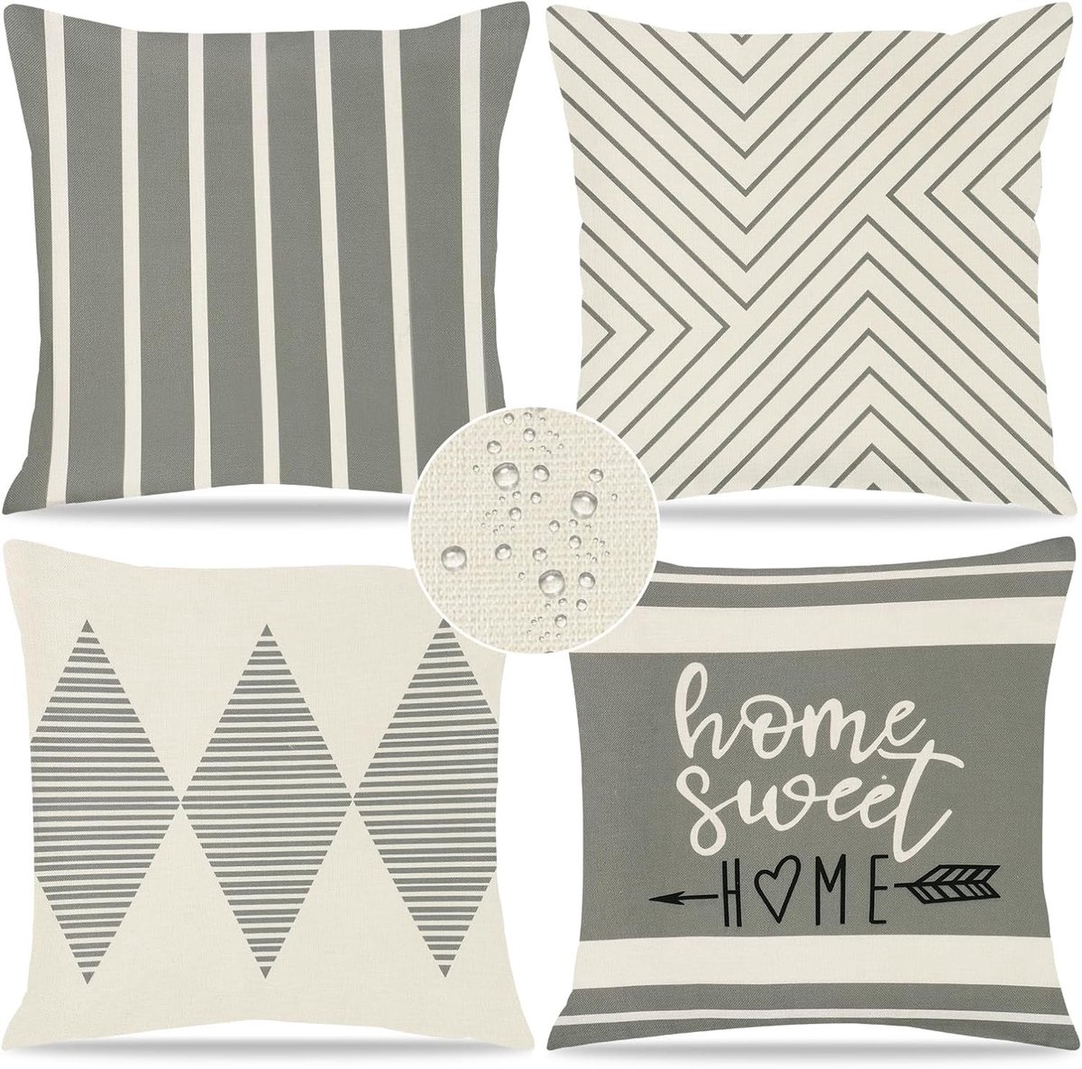 Set van 4 Kussenhoezen 45x45cm, Grijs-Wit Gestreept, Moderne Geometrische Kussens voor Sofa, Tuin, Bank en Stoel