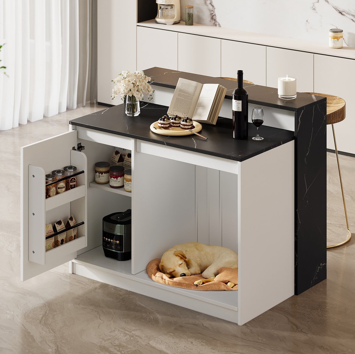 COVREO Bartafel 120 x 80 x 100 cm, zwart wit, MDF, met huisdier rustplek