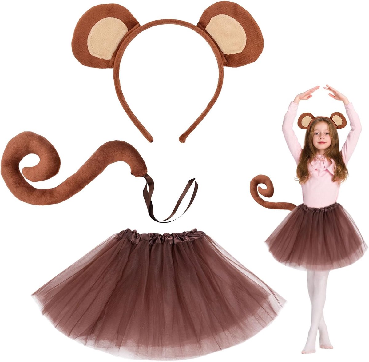 3 stuks apenkostuum, apenoren, dierenhoofdbanden, apen, lange staart, meisjes, tutu, apenkostuum voor kinderen, meisjes, carnaval, dierenkostuum, Halloween, carnaval, dierenhaarbanden, cosplay