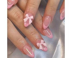 24 stuks French Tip Press on Nails, kort amandelvormig, valse nagels met roze strikje design, glanzende plaknagels voor vrouwen, Y2K Baby Pink Lace kunstnagels
