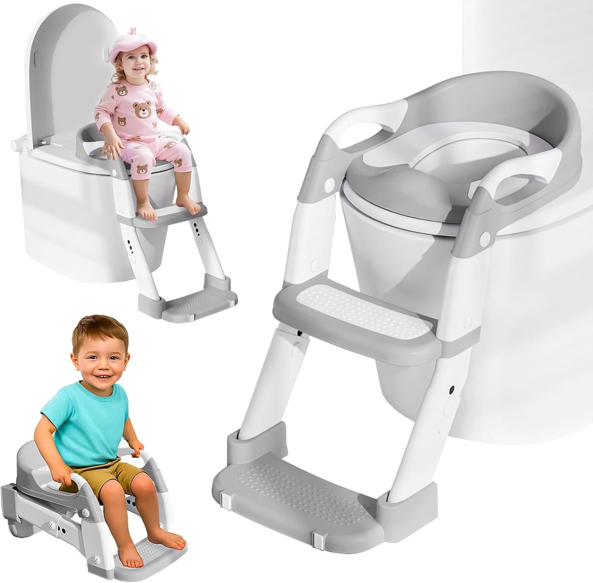 Toiletbril voor zindelijkheidstraining, 3-in-1 peuter toiletbril en trapkruk voor jongens en meisjes, antislip spatbescherming voor kinderen, toiletbril met ladder, verstelbaar kindertoilettraining in
