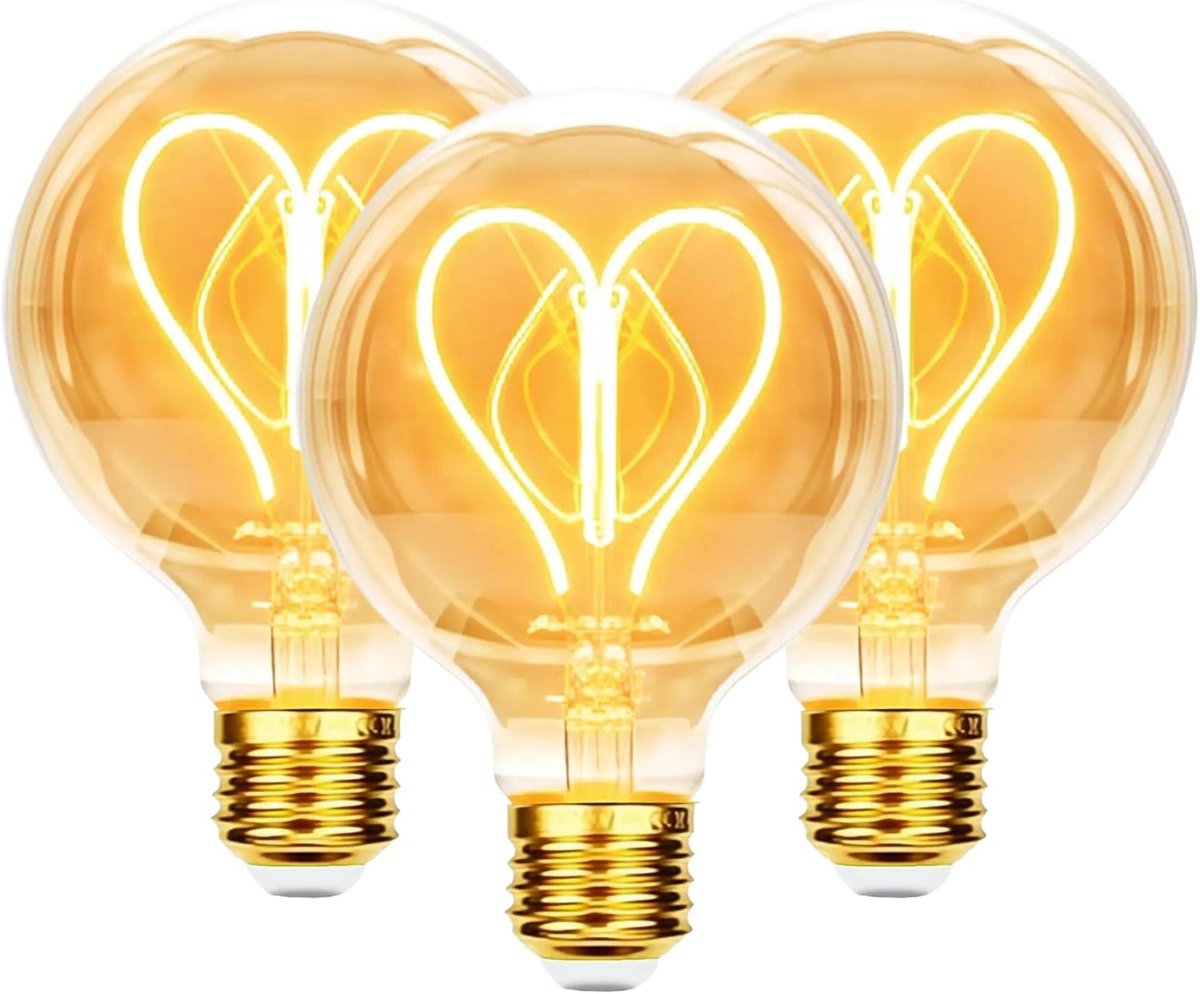 Lamp E27 4W Dimbaar Vintage Edison met Hartvormig filament - 3 stuks | Amberkleurig glas, Hartvormig LED filament, warm wit licht, Retro design,decoratief, Ideaal voor thuis, café of bar