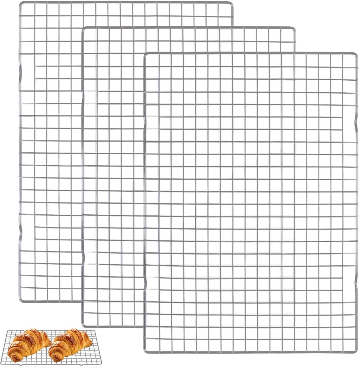 3 stuks taartrooster 40,5x25,4x1,6 cm roestvrij staal vaatwasbestendig | Rechthoekig afkoelrooster voor cake brood en baksel. Geschikt voor bakken en afdruipen in de keuken