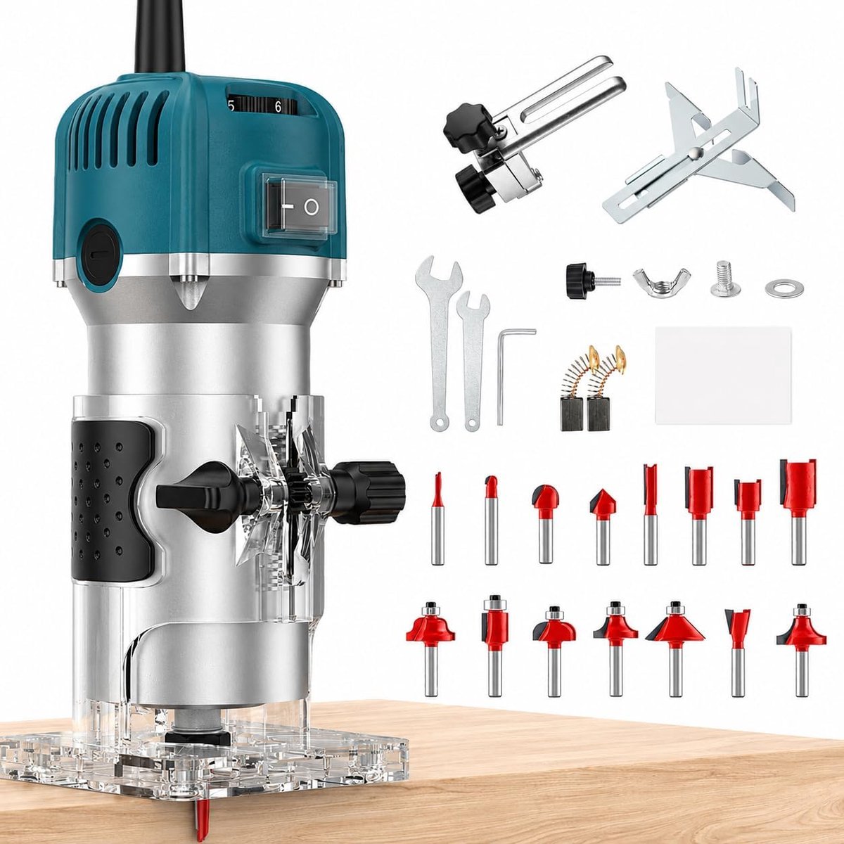 Elektrische houtfrees, 800 W, 30.000 rpm, houtfrees met 15 frezen, schacht van 1/4 inch, routergereedschap met 6/6,35 mm tang voor houtbewerking