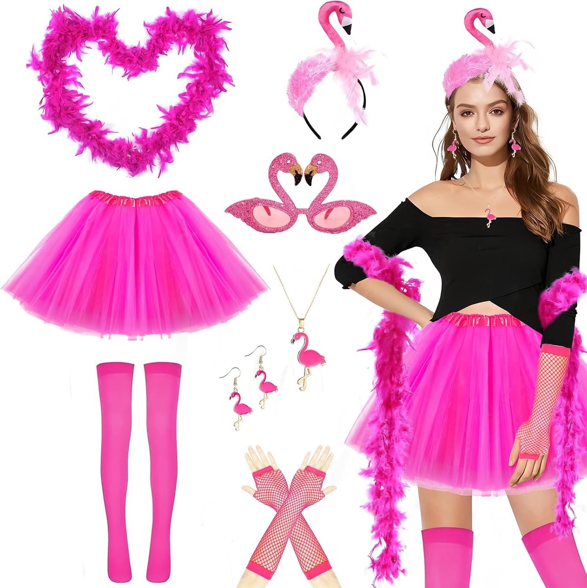 Pack van 11 Flamingo Kostuum Accessoires voor Volwassenen en Kinderen - Veer Sjaal en Feestdecoratie voor Carnaval en Themafeesten