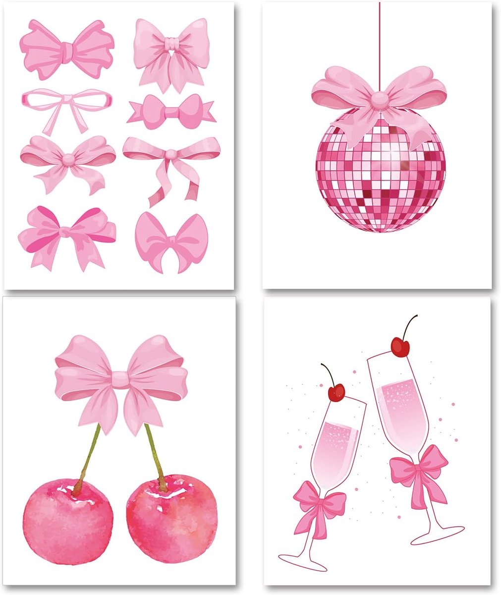 Posters Roze Strikken - Set van 4 - Trendy muurkunst - Perfecte decoratie voor meisjeskamers - ShopVlot