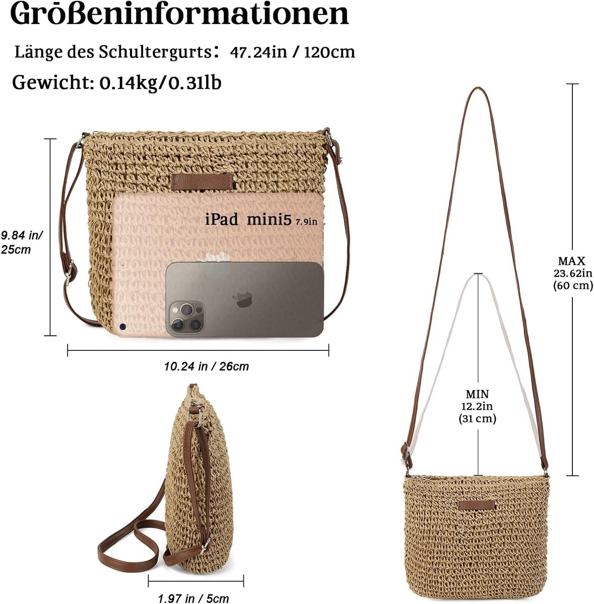 Strotas voor dames, schoudertas, zomer, basttas, schoudertas, boho, crossbody tas, handgeweven strandtas, vrije tijd, tas, lichte zomertas voor vakantie, strand, dagelijks gebruik