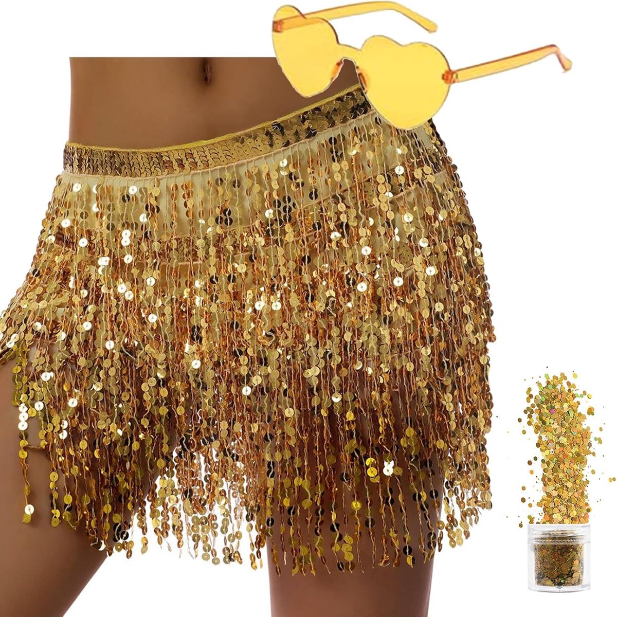 rok voor dames, buikdans, heupdoek, glitterrok voor dames, voor Halloween, carnaval, kwastrok, glitterrok, buikdanskostuum dames en meisjes (polyester, roze)