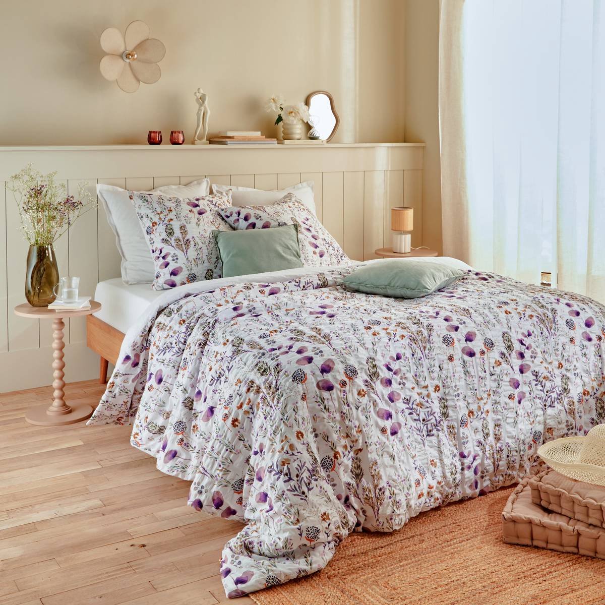 Bedset van polykatoen met gewafeld patroon, bedrukt, FLORAL