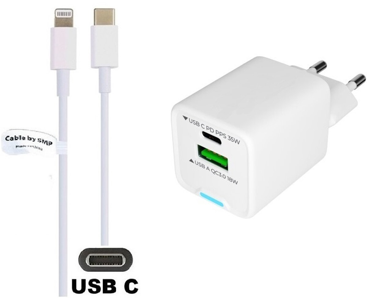 35W super snellader met 2 poorten en screenprotector + 0,95m USB C naar Lightning kabel. PD lader. Universele oplader adapter. Glazen screenprotector past op Apple iPhone 13 Pro Max & iPhone 14 Plus