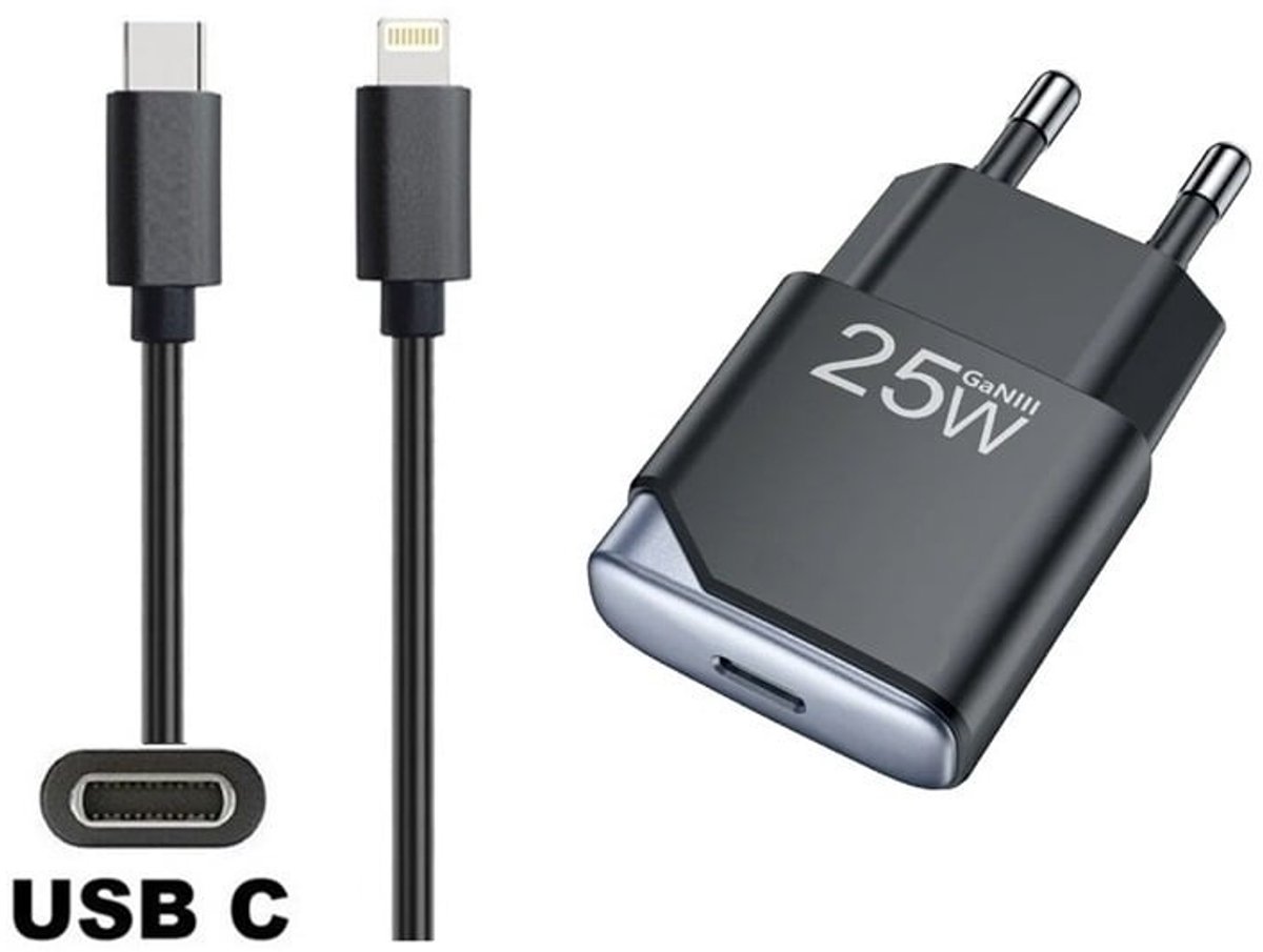 OneOne 25W super snellader en screenprotector van glas voor iPhone 13 Pro Max en iPhone 14 Plus + 2,0m sterke USB C naar Lightning kabel. GaN lader. PD PPS oplader adapter. Glazen screenprotector past op Apple iPhone 13 Pro Max & iPhone 14 Plus