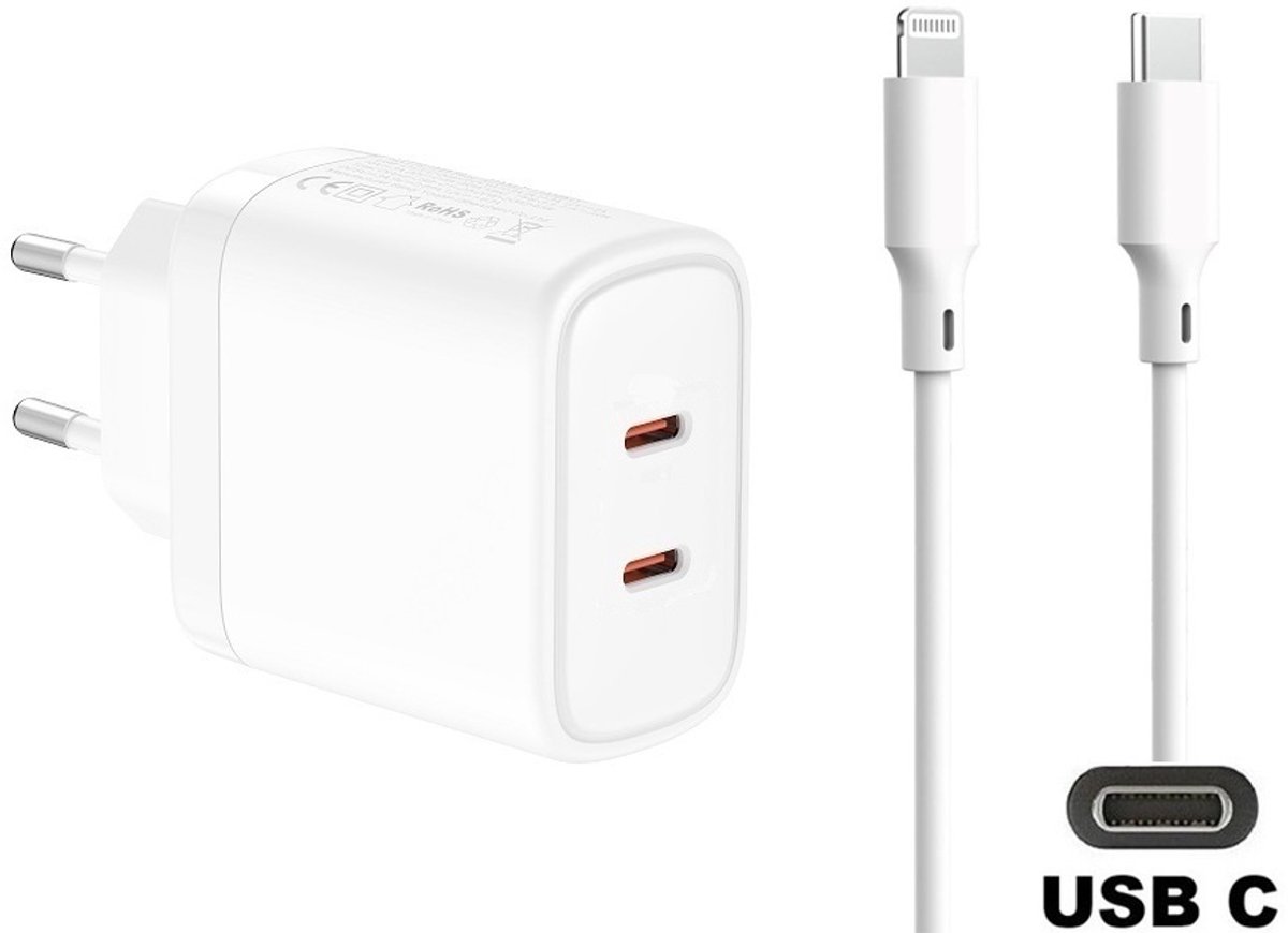 50W super snellader met 3 poorten en screenprotector. Oplader met sterke 1,5m USB C naar Lightning kabel. PPS GaN PD lader adapter. Glazen screenprotector past op Apple iPhone 13 Pro Max & iPhone 14 Plus
