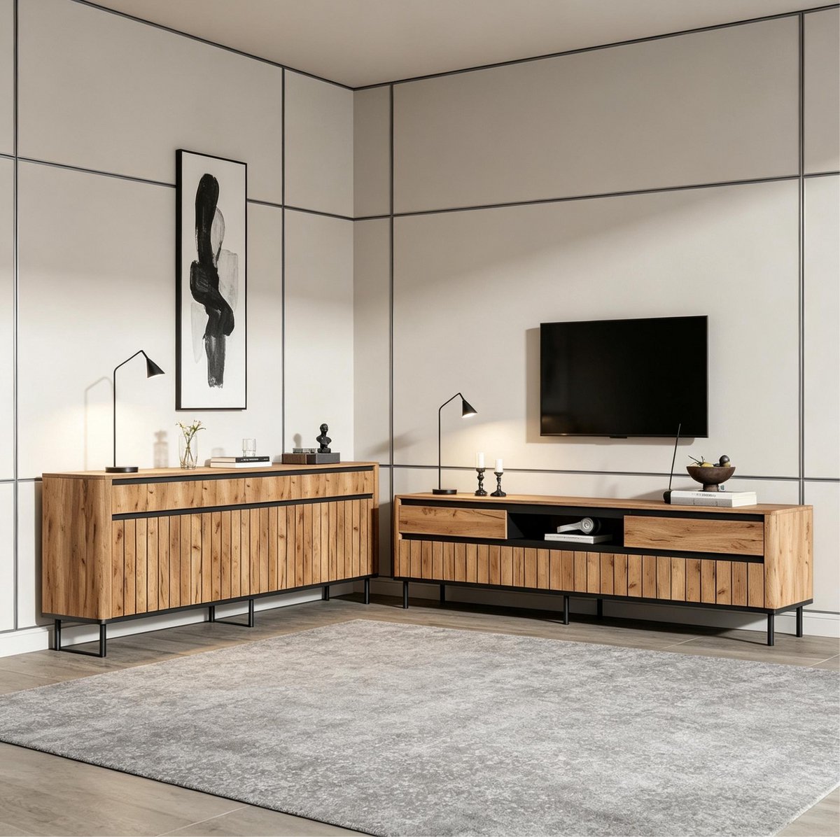FloraGrace Dressoir En Tv Meubel - Set Met Kabeldoorvoer En Lade - Voor Woonkamer - Hout En Metaal - 160x40x73 Cm En 180x40x52 Cm - Natuurlijk Zwart