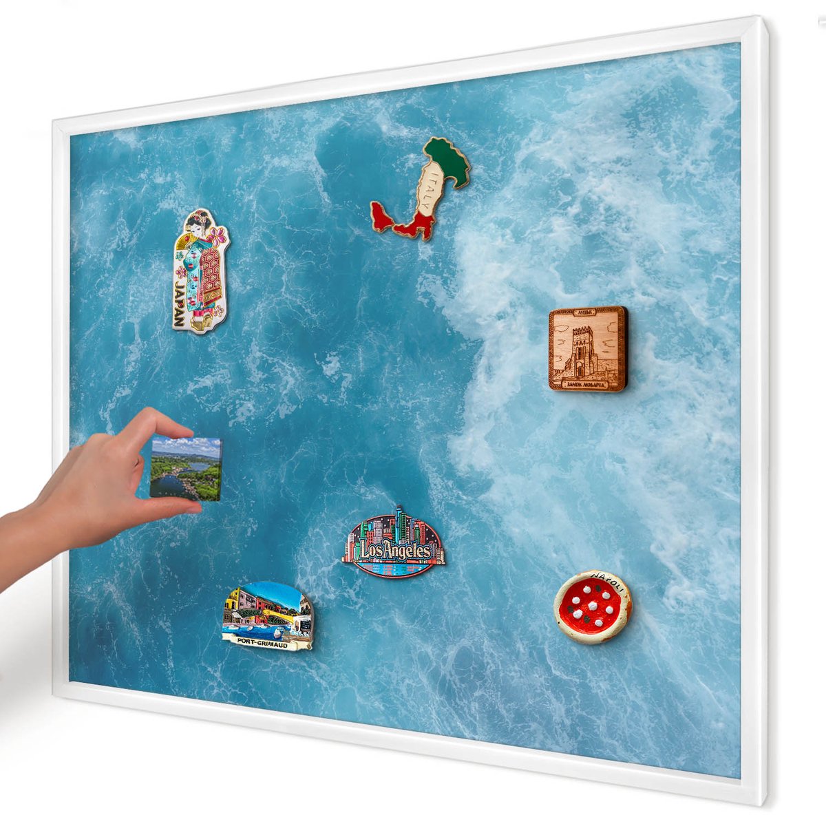 Artprintcave Blauw Magneetbord mit Witte Lijst - 80x60 cm - Oceaangolven Magnetische Organizer - Abstract Magneetbord Voor Keuken - Natuur