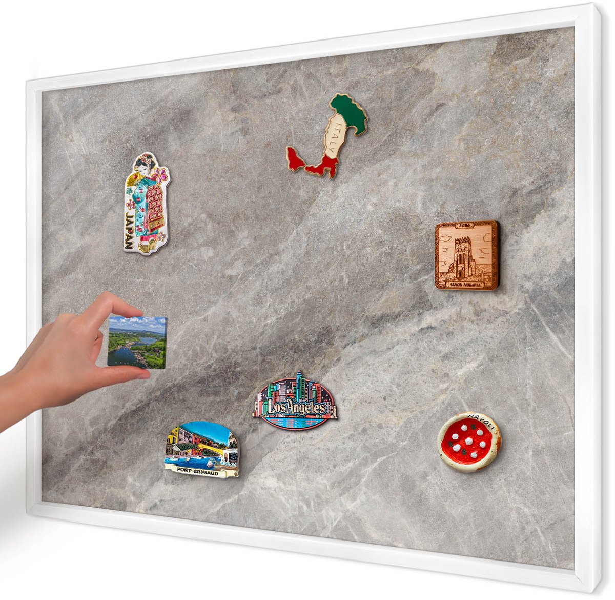 Artprintcave Grijs Magneetbord mit Witte Lijst - 70x50 cm - Steenstructuur Memobord Keuken - Minimalist Magneetbord Voor Keuken - Texturen