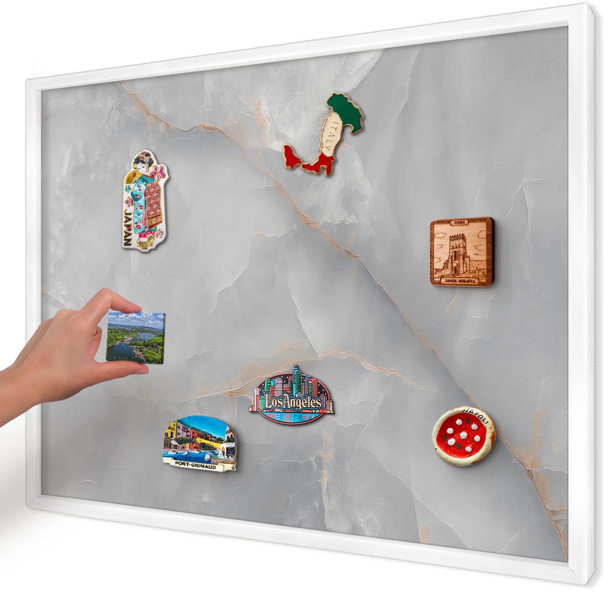 Artprintcave Grijs Magneetbord mit Witte Lijst - 70x50 cm - Grijze Aderen Bord Voor Magneten - Minimalist Memobord Keuken - Texturen
