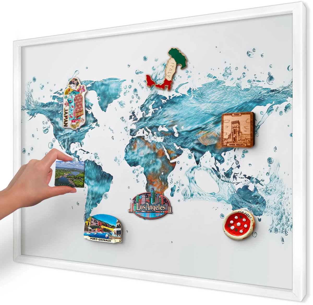 Artprintcave Turkoois Magneetbord mit Witte Lijst - 70x50 cm - Waterkaart Magneetbord Voor Keuken - Abstract Memobord Keuken - Kaarten
