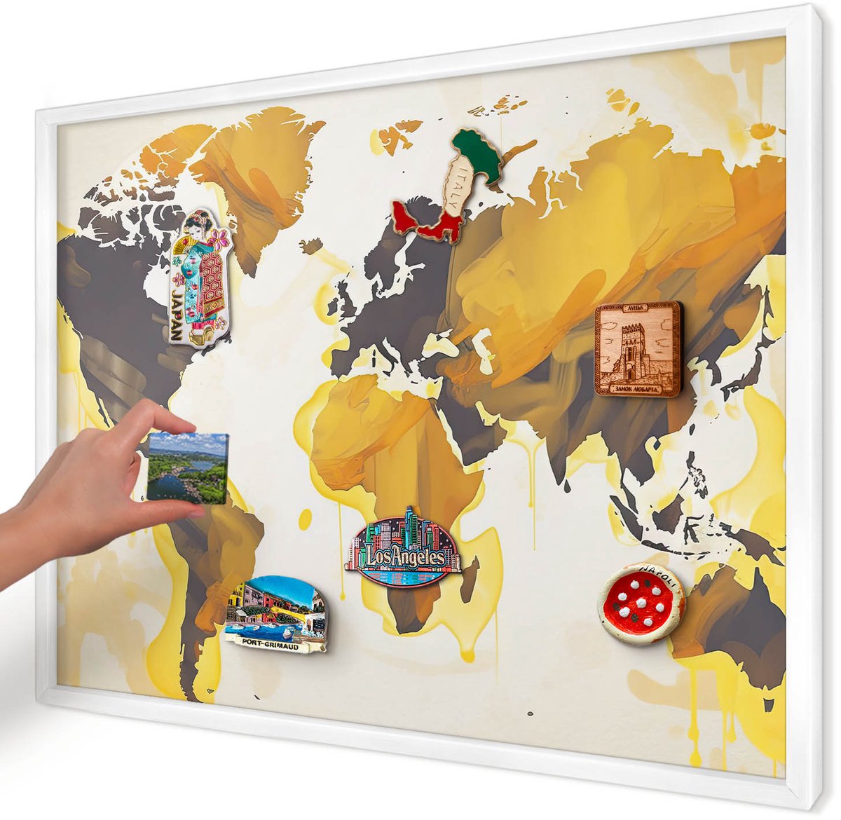 Artprintcave Geel Magneetbord mit Witte Lijst - 70x50 cm - Wereldkaart Magnetische Organizer - Abstract Magneet Bord mit Frame - Kaarten