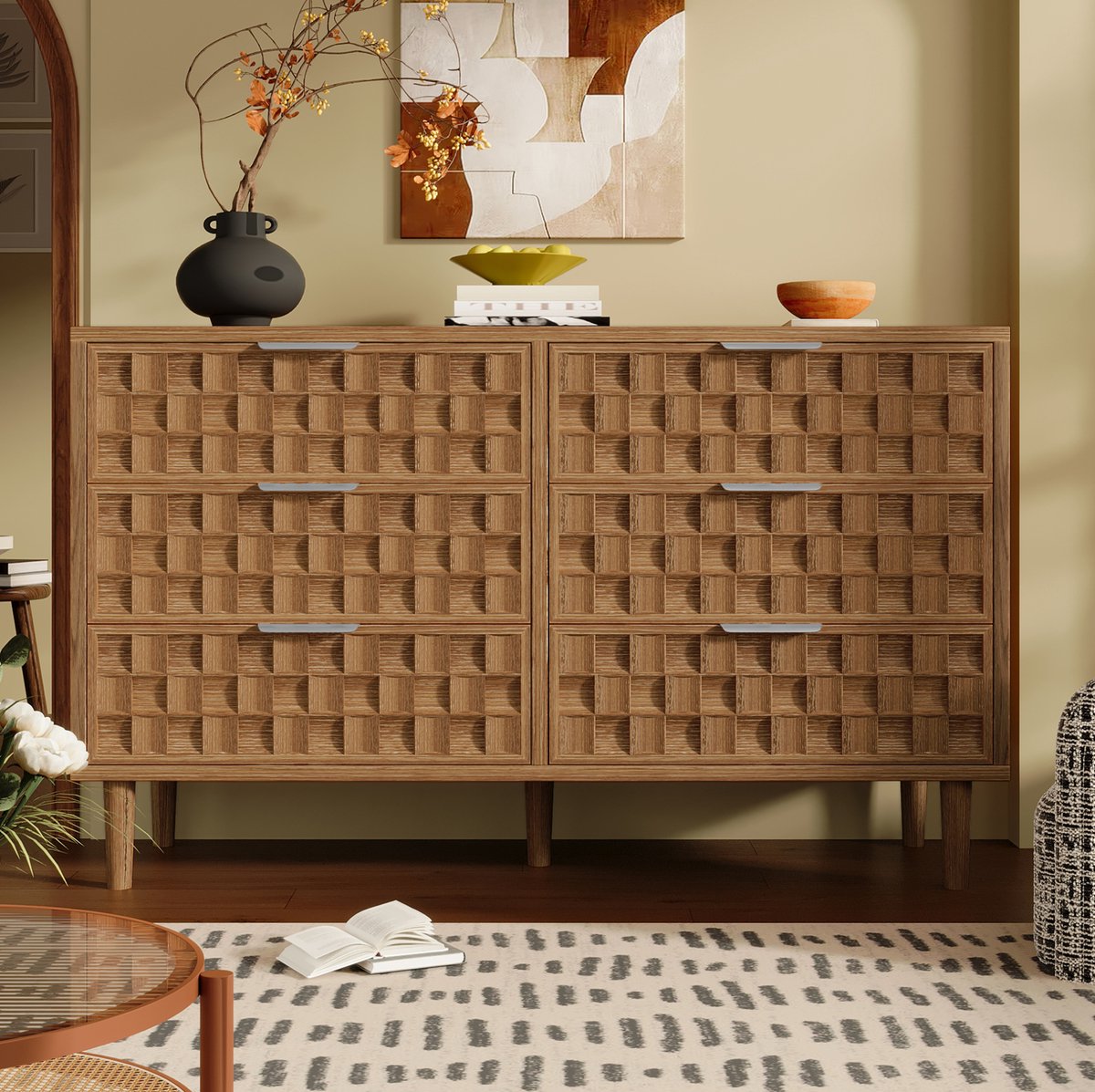 FloraGrace Dressoir - Eikenlook Ladekast Met 6 Lades En Metalen Handgrepen - Retro Voor Woonkamer En Slaapkamer - MDF - 120x37x77 Cm - Eikenkleur