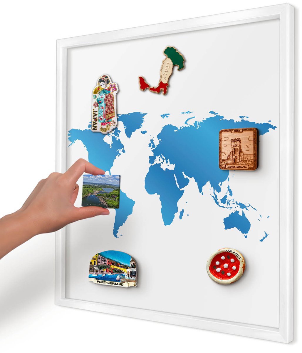 Artprintcave Blauw Magneetbord mit Witte Lijst - 50x50 cm - Wereldkaart Magneet Bord mit Frame - Modern Wandbord Magnetisch - Kaarten