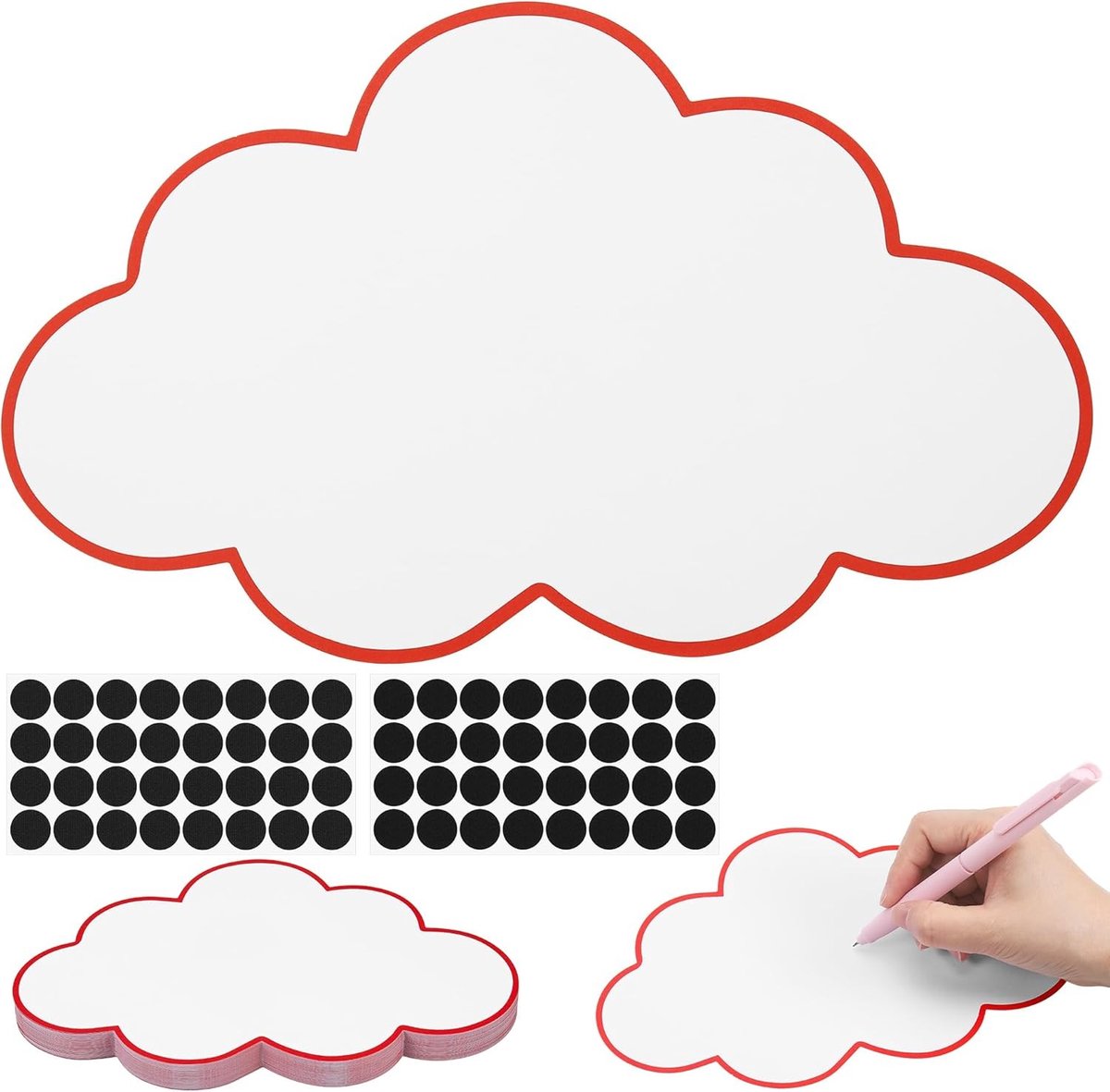 Cloud Presentatiekaarten met Stickers - 60 Stuks, Moderatiekaarten in Wolkvorm, 250gsm Papier, 14 x 23 cm, Wit met Rode Rand, Ideaal voor Presentaties en Workshops