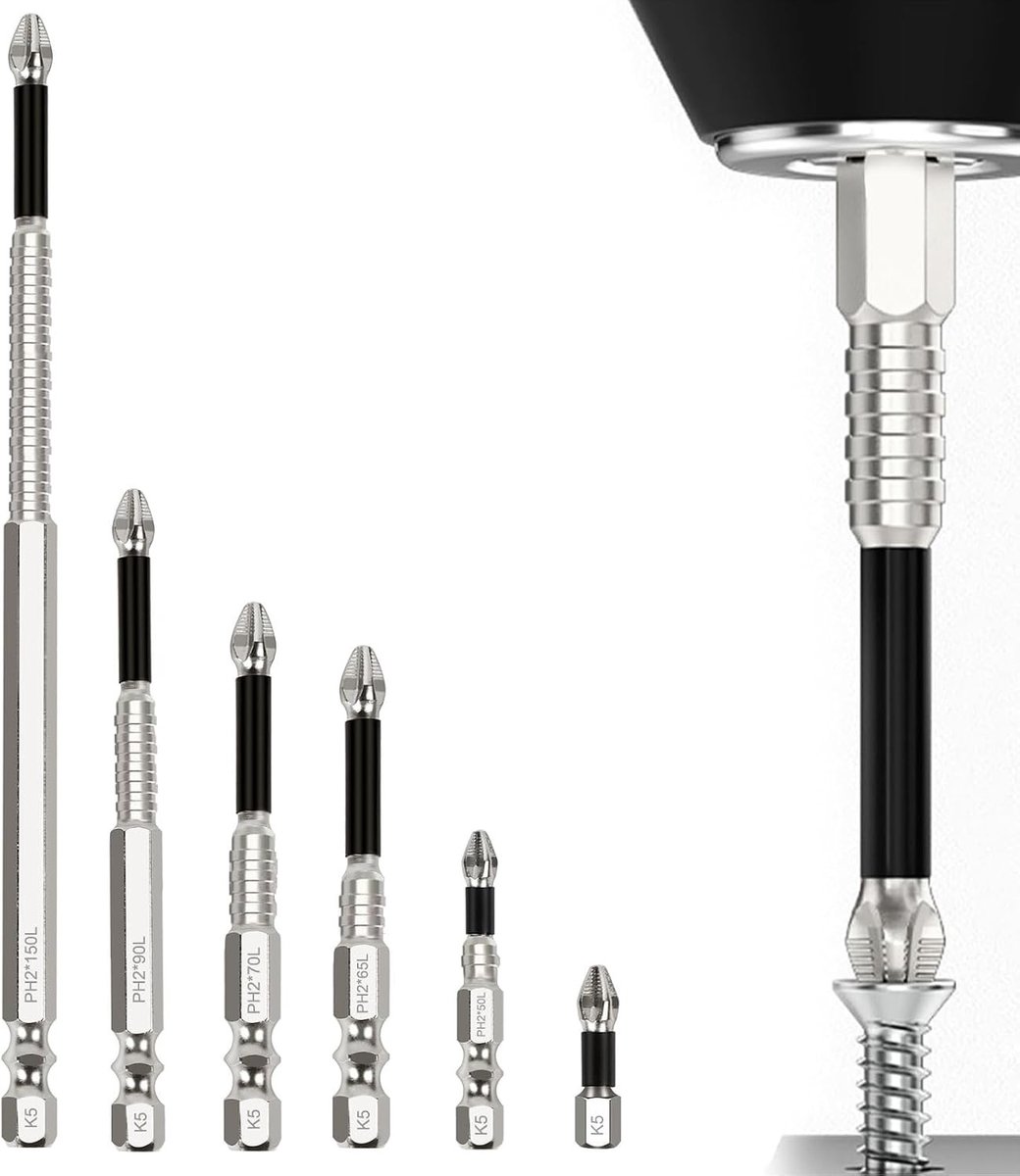 Set van 6 Magnetische Schroevendraaiers, Precisie Gereedschap, Hoge Hardheid, Antislip Phillips, Geschikt voor Elektrisch en Handmatig Gebruik