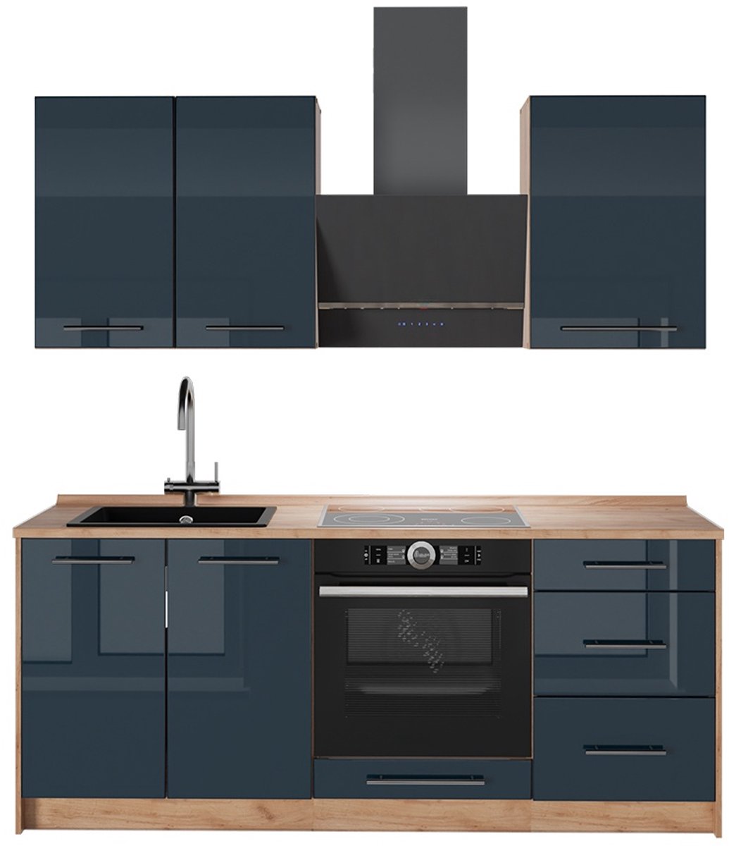 Vicco Eenpersoonskeuken Fame-Line, Donkerblauw hoogglans/Goudkleurig Eiken, 190 cm, WB Eik
